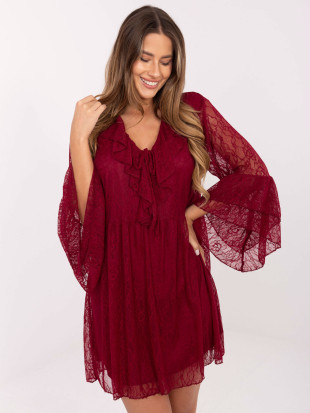 Bordo mini obleka A-kroja s čipko in vezalkami