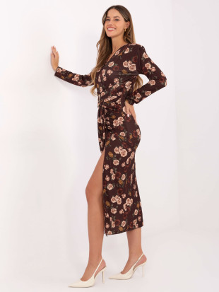 Rjava midi obleka s cvetličnim vzorcem in preklopnim izrezom