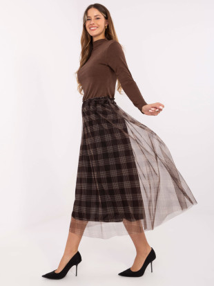 Elegantno rjavo midi krilo s karo vzorcem