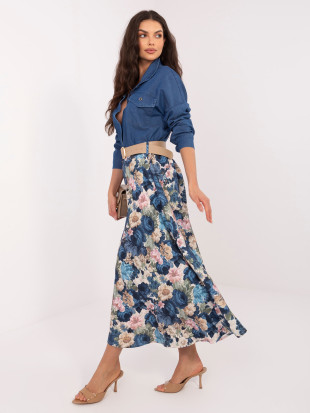 Elegantno midi krilo s cvetličnim vzorcem in pasom, temno modro