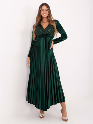 Elegantna maxi obleka s pasom in bleščicami, temno zelena