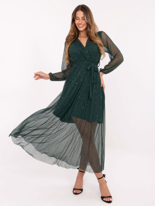 Elegantna maxi obleka s pasom v temno zeleni barvi