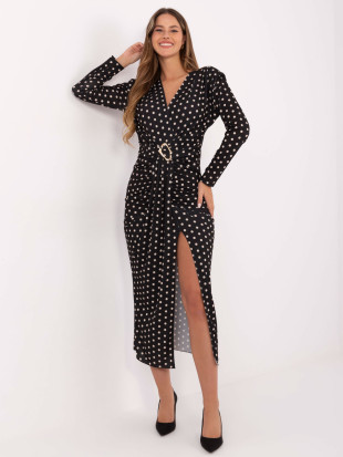 Črna midi oprijeta obleka s pikami in preklopnim izrezom