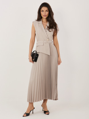 Elegantna bež midi obleka s pasom in bleščicami