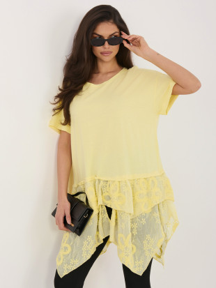 Rumena bombažna bluza z volanom in vezenino
