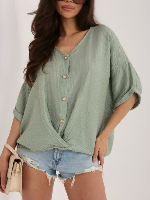 Moderna khaki bluza z V-izrezom in kratkimi rokavi