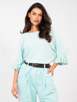 Elegantni svetlo moder pulover s 3/4 rokavi in volanom